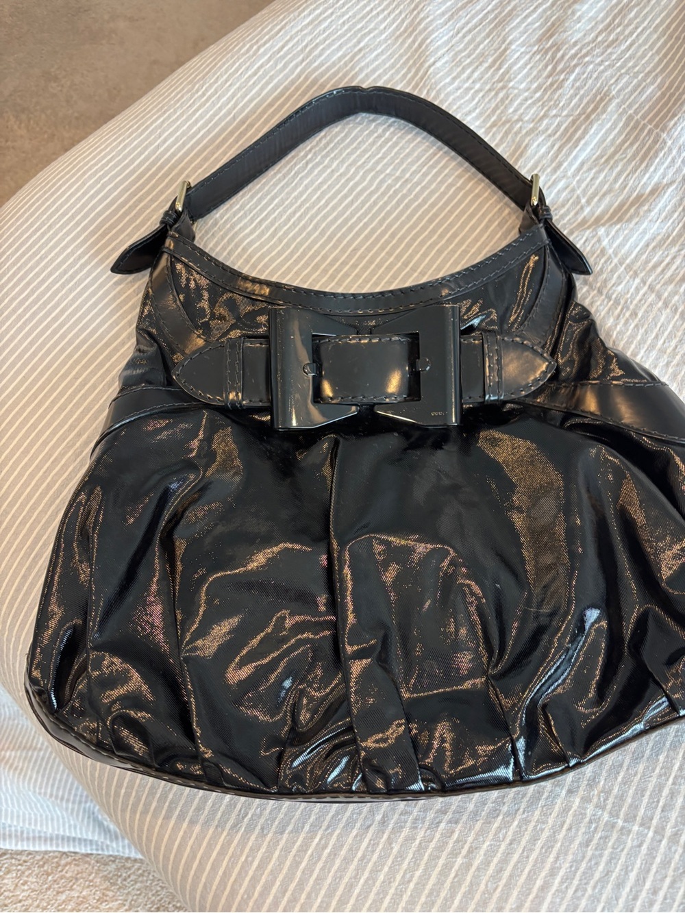 Gucci Black Patent Hobo Bag with Statement Buckle
